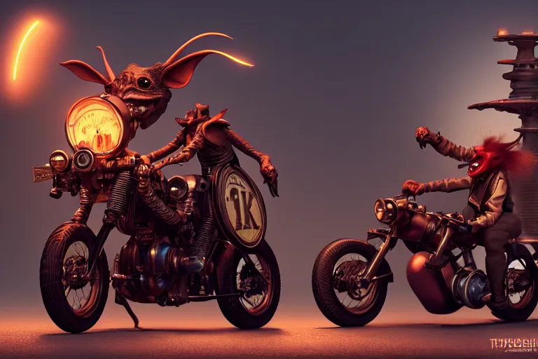 Prompt: a goblin riding a steampunk motorcycle, volumetric light, studio light, hyperdetailed, artstation, cgsociety, 8k