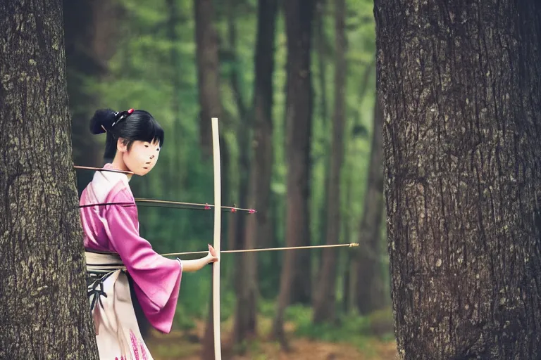 Prompt: beautiful photo of a young modern geisha archer, practising her aim in a forest, mid action, symmetrical face, beautiful eyes, huge oversized sword, award winning photo, muted pastels, action photography, 1 / 1 2 5 shutter speed, dramatic lighting, anime set style