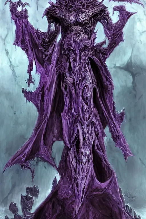 Image similar to portrait of hulking herculean ainz ooal gown undead lich, from overlord, warlock purple robes, magical electricity, upper body, fantasy, intricate, elegant, highly detailed, digital painting, artstation, concept art, sharp focus, illustration, art by luis royo, wayne barlowe, kirsi salonen, asya yoranova and alan lee