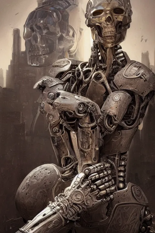 Image similar to Ultra realistic illustration of a robot sitting holding a human skull in it's hands, rune-engraved armor, cyberpunk, sci-fi, fantasy, intricate, elegant, highly detailed, digital painting, artstation, concept art, smooth, 8k octane render, extremely hyperdetailed, intricate complexity, sharp focus, illustration, art by artgerm and greg rutkowski and beeple