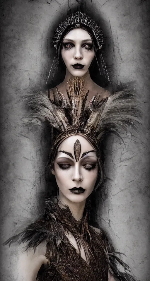 Image similar to a single faced portrait of the enchantress queen with a stunning timeless beauty, breathtaking eyes, perfect skin, feathered eyelashes, royal gothic dress with a lot of leather, heavy silent hill aesthetic, incredibly intricate, digital art, blender, houdini & photoshop, very elegant & complex, hyper-maximalist, overdetailed, epic cinematic quality, biblical art lighting, photorealistic, lifelike, OLED, DSLR HDR 8k, face is the focus, facial feature symmetry, hyper composed, created by Nixeu & z--ed from deviantart