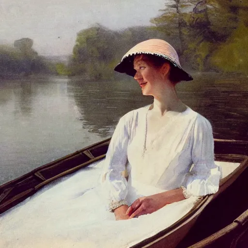 Prompt: a woman wearing an edwardian white dress sitting in a row boat on a calm lake in the style of anders zorn