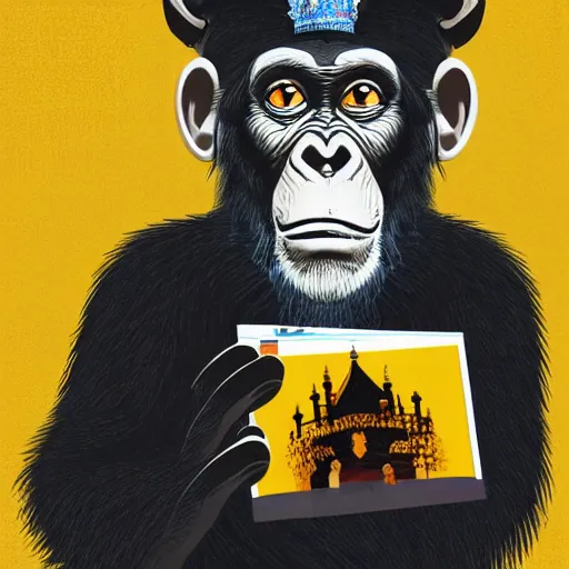 Image similar to A computer art that features a chimpanzee surrounded by a castle turret. The chimp is shown wearing a crown and holding a scepter, and the castle is adorned with banners. biopunk by Eyvind Earle, by Nikolina Petolas kaleidoscopic