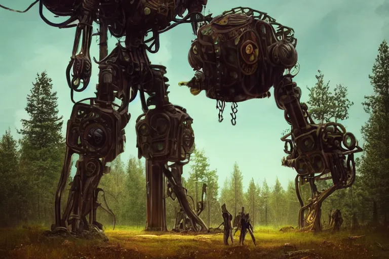 Prompt: steampunk colossal mech standing in a swedish forest, very low angle photograph, simple, brass plates, trending on artstation, realistic, soft colors, simon stålenhag