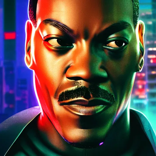 Prompt: eddie murphy portrait, Cyberpunk 2077, cyberpsycho, photorealistic, ultra detailed, neon, octane, bokeh, cyber, cyberpunk city, feature, scars, cyberface, 8k