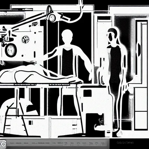 Image similar to an operation theater, in front of a black background, detailed digital art, black and white, law of thirds