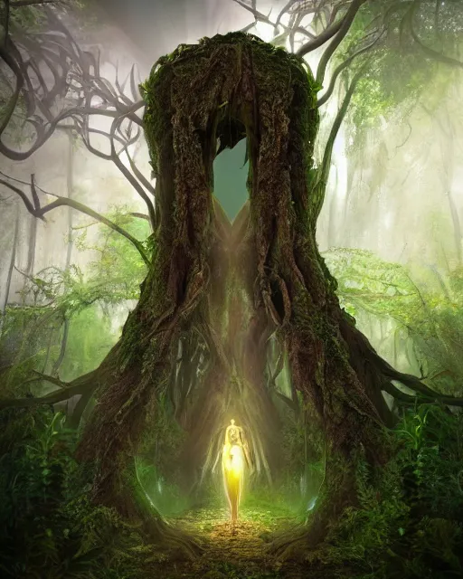 Image similar to a doomed goddess walking towards a ravenous, horrific portal to hades embedded in a creepy tree in a densely overgrown, magical jungle, fantasy, dreamlike sunraise, stopped in time, dreamlike light incidence, ultra realistic