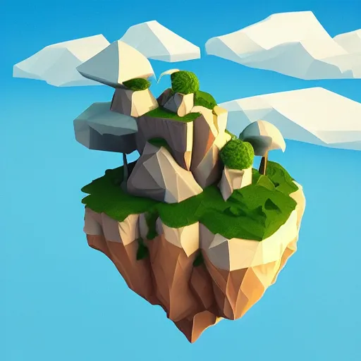 Prompt: floating island in the sky, low poly, isometric art, 3d art, high detail, artstation, concept art, behance, ray tracing, smooth, sharp focus, ethereal lighting