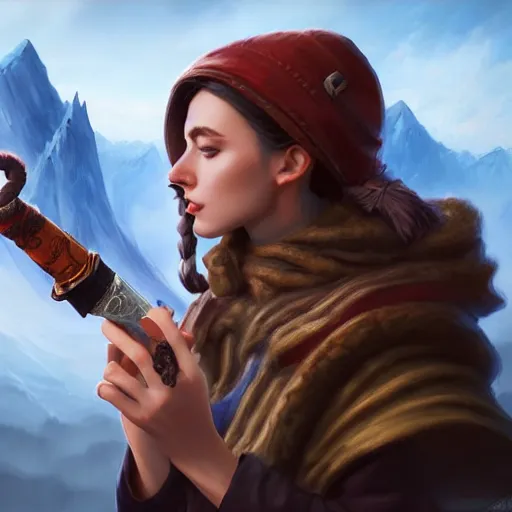 Image similar to mage smoking pipe, female, glacier landscape, D&D, fantasy, intricate, elegant, highly detailed, digital painting, artstation, octane render, concept art, matte, sharp focus, illustration, hearthstone, art by leonardo da vinco