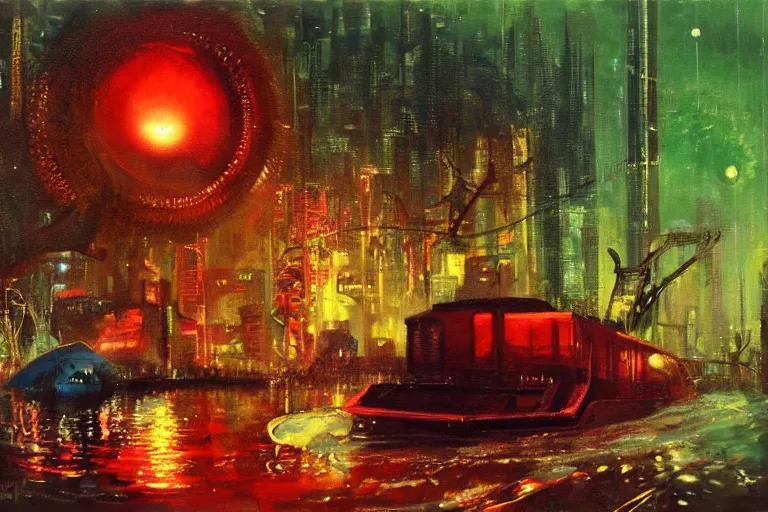 Image similar to river boats speeding between spherical tree houses on flooded streets of new york painting, red and green palette, night lights, starry sky, by ( ( ( ( ( ( ( ( ( h. r. giger ) ) ) ) ) ) ) ) ) and paul lehr