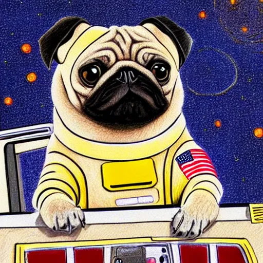 Image similar to gif, high - resolution, pencil art, colorized, extra - detailed, pug astronaut, opening door, in space that leads into the universe