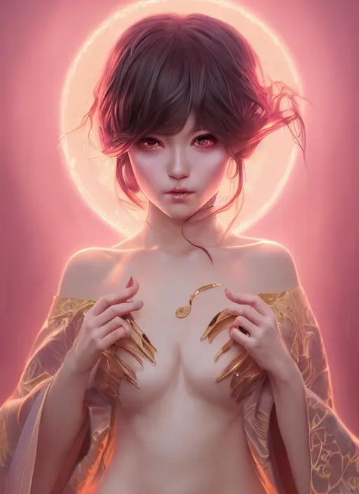 Prompt: dreamlike luxury stunning devil portrait, pale pink and gold kimono, art by artgerm, wlop, loish, ilya kuvshinov, 8 k realistic, hyperdetailed, beautiful lighting, detailed background, depth of field, symmetrical face, frostbite 3 engine, cryengine,