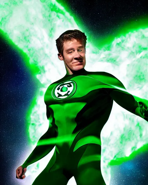 Prompt: photos of actor Christopher Reece as a Green Lantern soaring thru outer space, photogenic, spit-curl in hair, particle effects, photography, studio lighting, cinematic