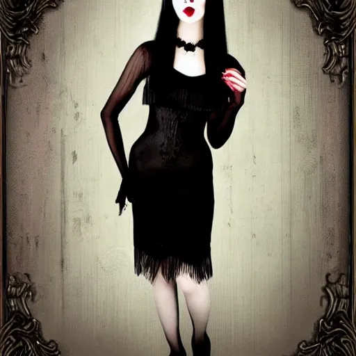 Image similar to young woman, morticia addams, long black hair, short, flapper, vintage, creepy, beautiful, macabre