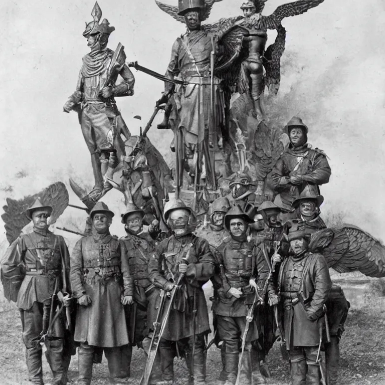 Prompt: US cavalry soldiers pose in front of an archangel as the the one with the flaming sword 1900.