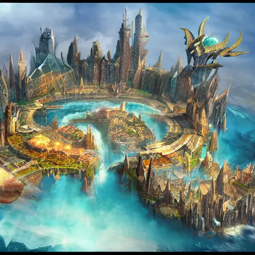 Image similar to Large Fantasy City in the middle of an island in the ocean, concept art, matte painting