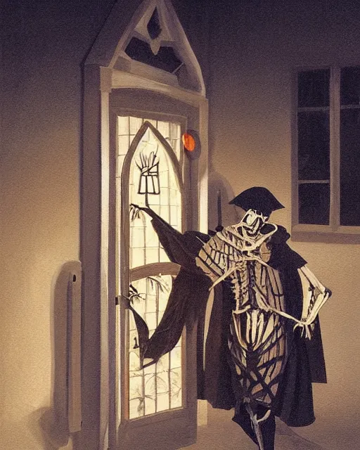 Image similar to A painting of Martin Luther nailing a paper skeleton Halloween decoration to the door of a suburban home, in the styles of Ferdinand Pauwels, Greg Rutkowski, and Tim Burton, hyperrealistic, volumetric lighting