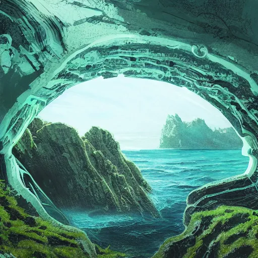 Image similar to a scary glowing green scifi portal to another world in darwin's arch, ocean and rock landscape, science fiction, intricate, elegant, highly detailed, digital painting, artstation, concept art, matte, sharp focus, illustration, art by hayao miyazaki and hideo kojima