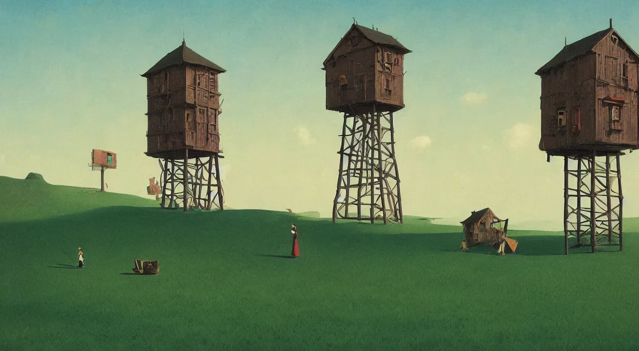 Image similar to single flooded simple wooden green tower, very coherent and colorful high contrast!! masterpiece by rene magritte simon stalenhag carl spitzweg syd mead norman rockwell edward hopper james gilleard, minimalist, dark shadows, sunny day, hard lighting