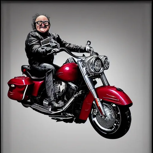 Prompt: danny devito riding a large harley davidson, hyperrealism, lens glare, trending on artstation, intricate, 8 k