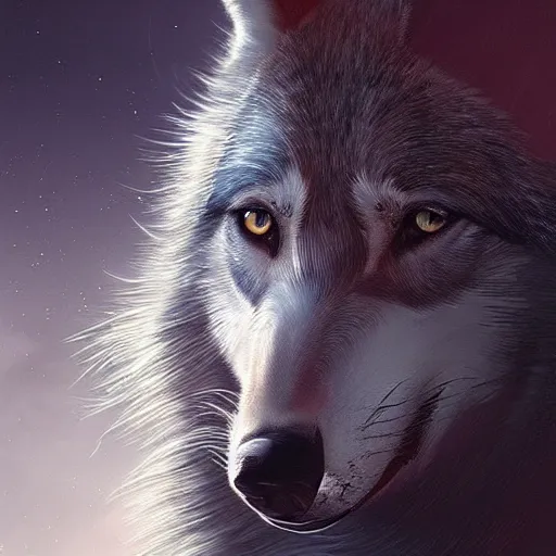 Prompt: beautiful portrait painting of a wolf in front of a full moon, atmospheric epic lighting, cgsociety, trending on artstation