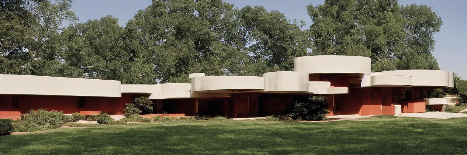 Image similar to midcentury architecture. modernism. wide shot. imagined by frank lloyd wright, photorealistic