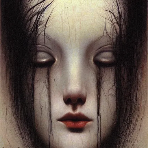 Prompt: female teen with pale white skin and short black hairs, by Beksinski