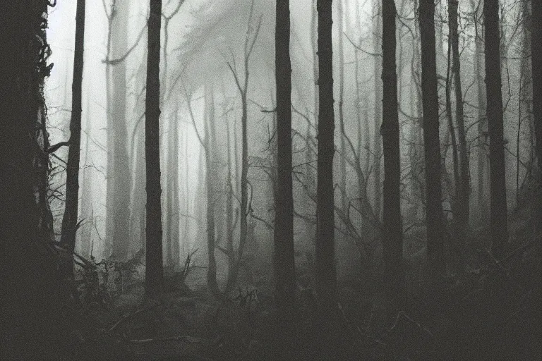 Image similar to terrible dark forest in the depths of which there is a Pudge from Dota 2 filmed hidden on a phone camera, Cinematic, wildlife photography, 35mm, photo on iphone