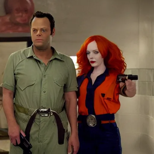 Image similar to vince vaughn as jack fenton, he is wearing an orange coveralls bodysuit with a big sci - fi gun belt, and christina hendricks as maddie fenton, she is wearing a tight teal coveralls bodysuit with a big sci - fi gun belt, movie photo, spooky netflix still shot, they are looking for ghosts