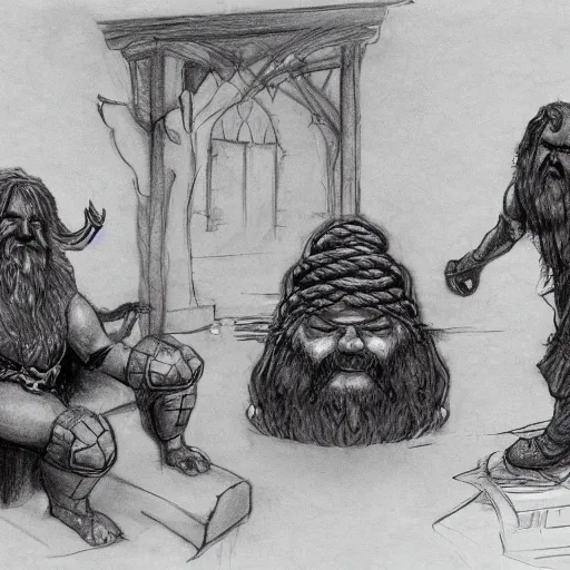 Image similar to hyper realistic sketch of a dwarven smith chatting with a blind - folded medusa, very detailed, dungeons and dragons, fantasy