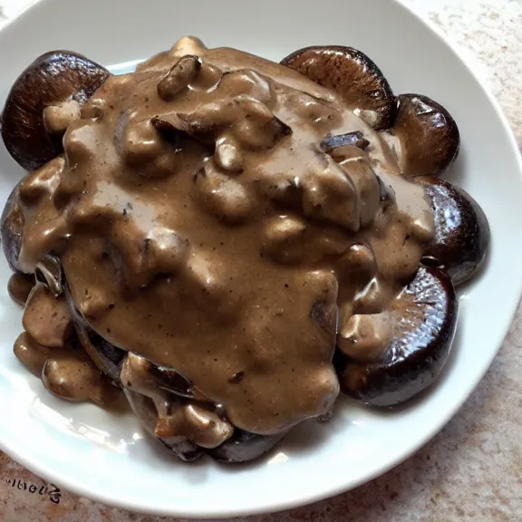 Image similar to brown mushroom sauce on rice, michelin star