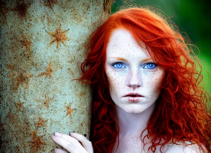 Image similar to award winning 8 5 mm close up face portrait photo of a redhead with deep red hair, freckles and blue eyes in a park by luis royo.