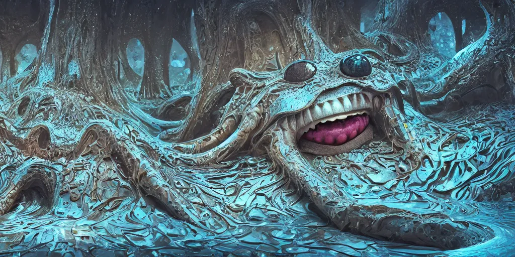 Image similar to of an intricate muddy water with strange cute friendly happy creatures with huge eyes, long tongue, round teeth and goofy funny face, appearing from the background, in the style of gehry and gaudi, macro lens, shallow depth of field, ultra detailed, digital painting, trending artstation, concept art, illustration, cinematic lighting, photorealism, epic, octane render