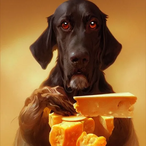 Image similar to a portrait of Dog devouring cheese, highly detailed, digital painting, artstation, concept art, sharp focus, illustration, art by artgerm and greg rutkowski and alphonse mucha