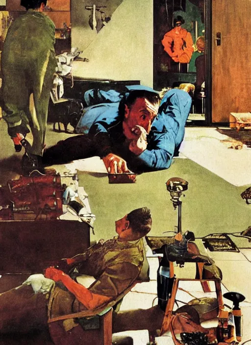 Prompt: dennis hopper crawling around on the floor of a dingy apartment, painted by norman rockwell and tom lovell and frank schoonover, green, dystopian