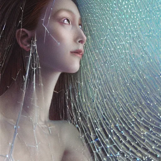 Image similar to Woman, spiky tesseract-shaped ice crystals on skin, 150mm, shiny, flat background, glowing, wires everywhere, by Edgar Maxence and Ross Tran, Zdzisław Beksiński, and Michael Whelan, distant, gustav dore, H.R. Giger, 8k, octane render