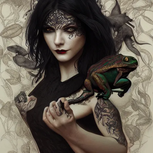 Image similar to attractive goth woman with a frog, intricate, highly detailed, digital painting, artstation, concept art, smooth, sharp focus, illustration, unreal engine 5, 8 k, art by artgerm and greg rutkowski and alphonse mucha