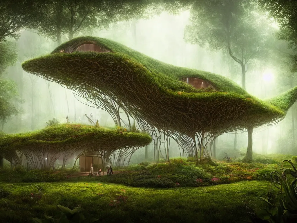 Prompt: beautiful organic house made of imaginary plants in a forest, architectural render, futuresynth, chillwave, by Gabriel Dawe, by Skottie Young, by Jessica Rossier, vegetal architecture, by moebius, by Isaac Cordal, night, (mist), lights, junglepunk, blender, trending on artstation