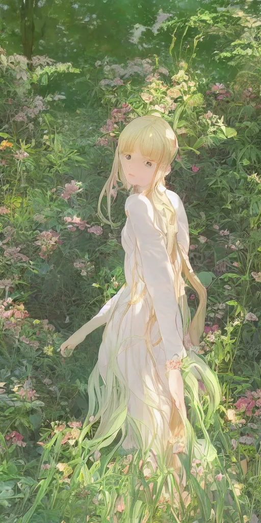 Image similar to a digital art of a loli with long hair in a dress in the privet garden at after noon, green and warm theme, back lighting, by krenz cushart and mucha and akihito yoshida and greg rutkowski and makoto shinkai, extremely long shot, detailed eyes, 4 k resolution, trending on art station