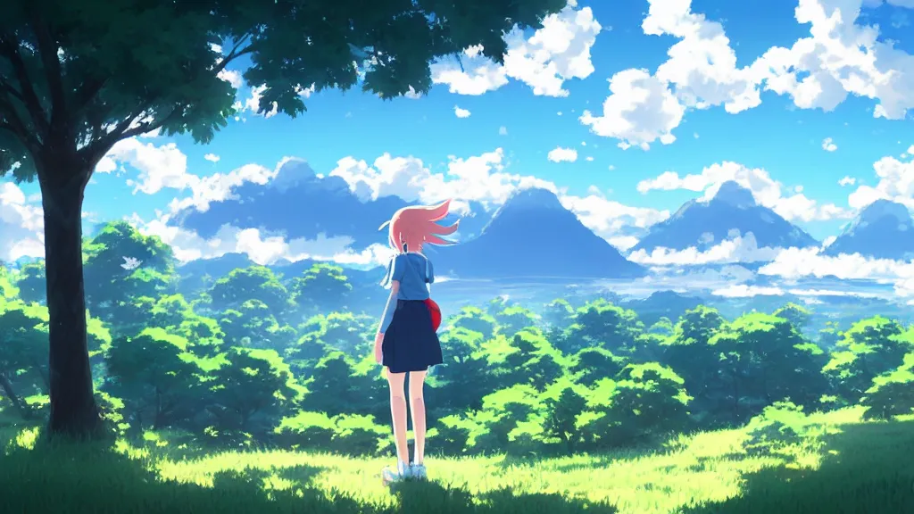 Prompt: A schoolgirl in the natural morning light , blue sky and white clouds, rainbow is in the sky, bright daylight passing through the gaps in the leaves leaving shadows on the ground, a shimmering lake in the distance, and foggy mountains in the background，artwork by Makoto Shinkai.