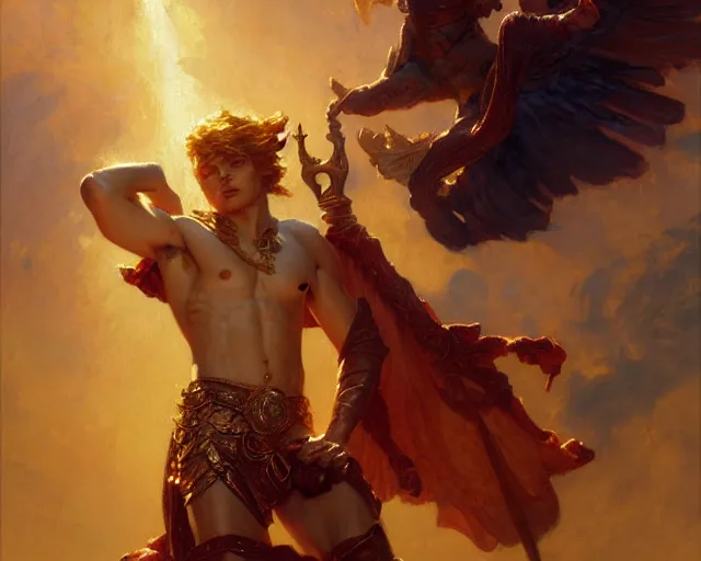 Image similar to attractive heroic male deity, casts magic, summoning handsome heroic lucifer morning star. highly detailed painting by gaston bussiere, craig mullins, j. c. leyendecker 8 k