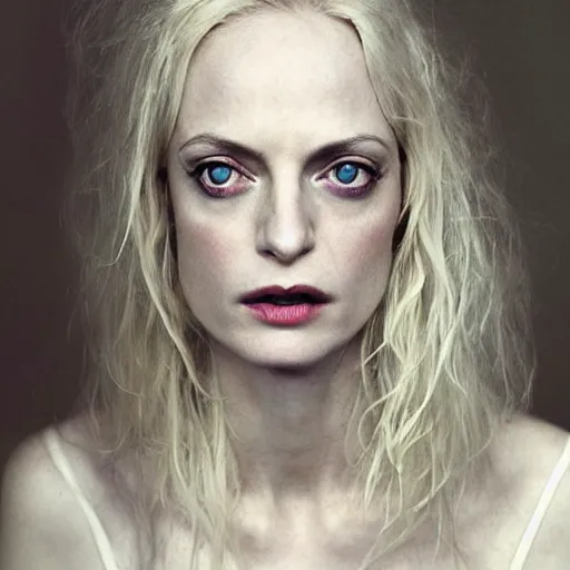 Image similar to portrait photo of heather graham, full platinum blond, intense, pale skin, by kyle thompson, realistic, high detail, high quality, trending on pinteresst