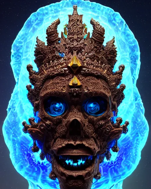 Image similar to 3 d ornate carved dark cosmic king with profile portrait, sigma 5 0 0 mm f / 5. beautiful intricate highly detailed quetzalcoatl skull. bioluminescent, plasma, lava, ice, water, wind, creature, thunderstorm! artwork by tooth wu and wlop and beeple and greg rutkowski, 8 k trending on artstation