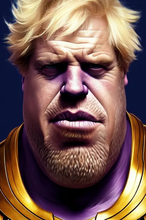 Image similar to Boris Johnson as Thanos, Boris Johnson hairstyle, calm, grumpy, portrait, masculine figure, highly detailed, digital painting, artstation, concept art, smooth, sharp focus, illustration, cinematic lighting, art by artgerm and greg rutkowski and alphonse mucha