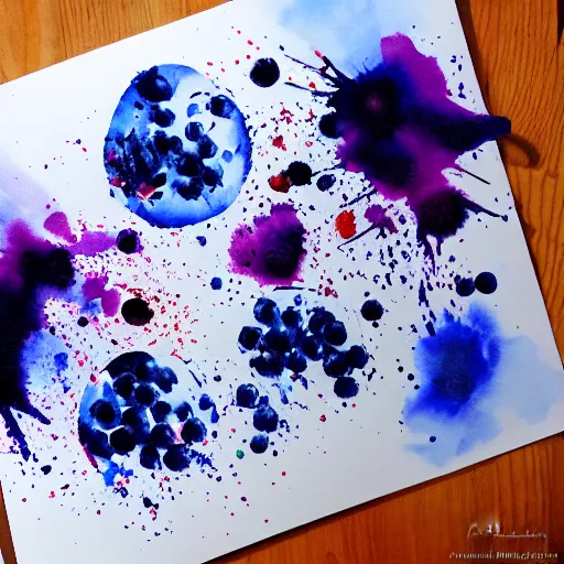Prompt: splatter watercolor drawing blueberry explosion