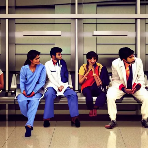 Image similar to Anxious good looking young Indian doctors in American clothes waiting at an airport, by Feng Zhu, highly detailed, excellent composition, cinematic concept art, dramatic lighting, trending on ArtStation