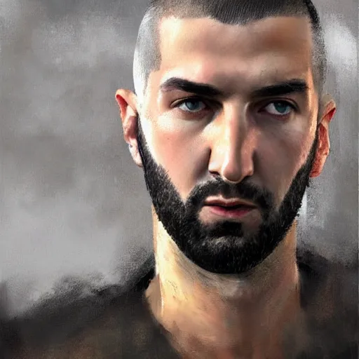 Image similar to A realistic hyperdetailed wide-shot digital oil portrait painting of an benzema in the style of Guy Denning, Ruan Jia, and Craig Mullins. Trending on ArtStation, DeviantArt, and Instagram. CGSociety Digital art. benzema.