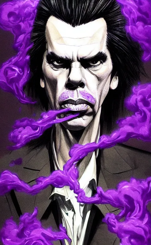 Prompt: full body portrait of nick cave with a lot of purple smoke coming out of his mouth!!!, concept art, sumi - e style, intricate linework, artstation, trending, highly detailed, smooth, focus, art by yoji shinkawa and glenn fabry,