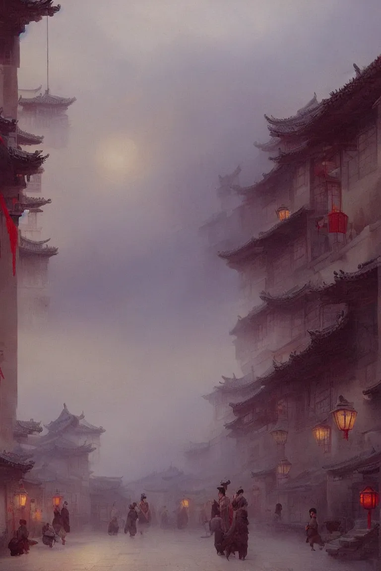 Prompt: a chinese street, an ancient town in china. by ivan aivazovsky ， greg rutkowski, light effect ， trending ，