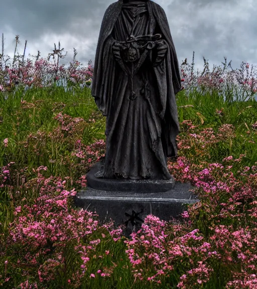 Image similar to mystical black death god statue in graveyard surrounded tall meadow of flowers, dslr photo, grainy, high detail, high resolution